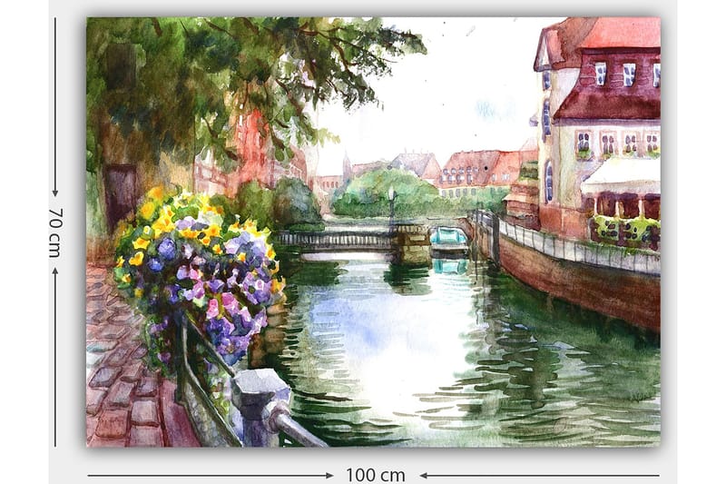 Lerretsbilde 70x100 cm - Vakker kanal med blomster i forgrunnen og pittoreske bygninger i bakgrunnen - Grønn / Blå / Lilla - Innredning - Bilder & kunst - Lerretsbilder