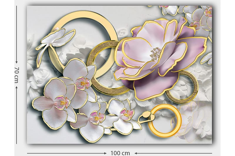 Lerretsbilde 70x100 cm - Vakker komposisjon av blomster og ringer i et elegant design - Lys rosa / Hvit / Gull - Innredning - Bilder & kunst - Lerretsbilder