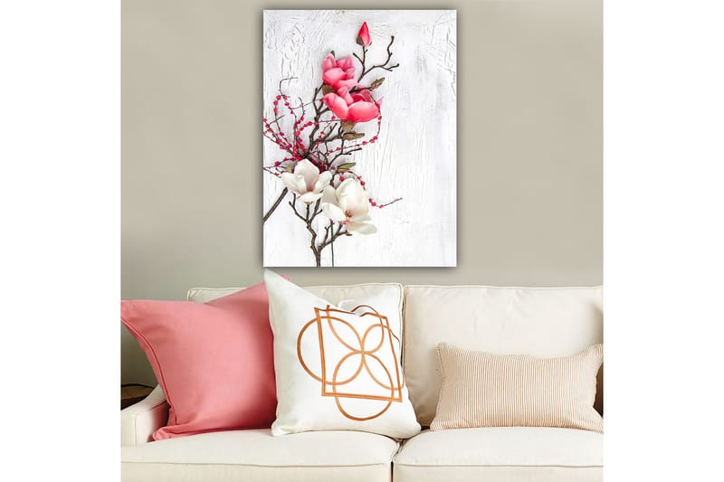 Lerretsbilde 70x100 cm - Vakker komposisjon av magnoliablomster i rosa og hvitt på en diskret bakgrunn - Rosa / Hvit / Grønn - Innredning - Bilder & kunst - Lerretsbilder