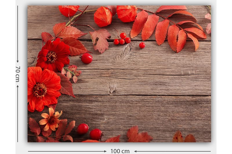 Lerretsbilde 70x100 cm - Vakker komposisjon av røde blomster og høstblader mot en trebakgrunn - Rød / Oransje / Brun - Innredning - Bilder & kunst - Lerretsbilder