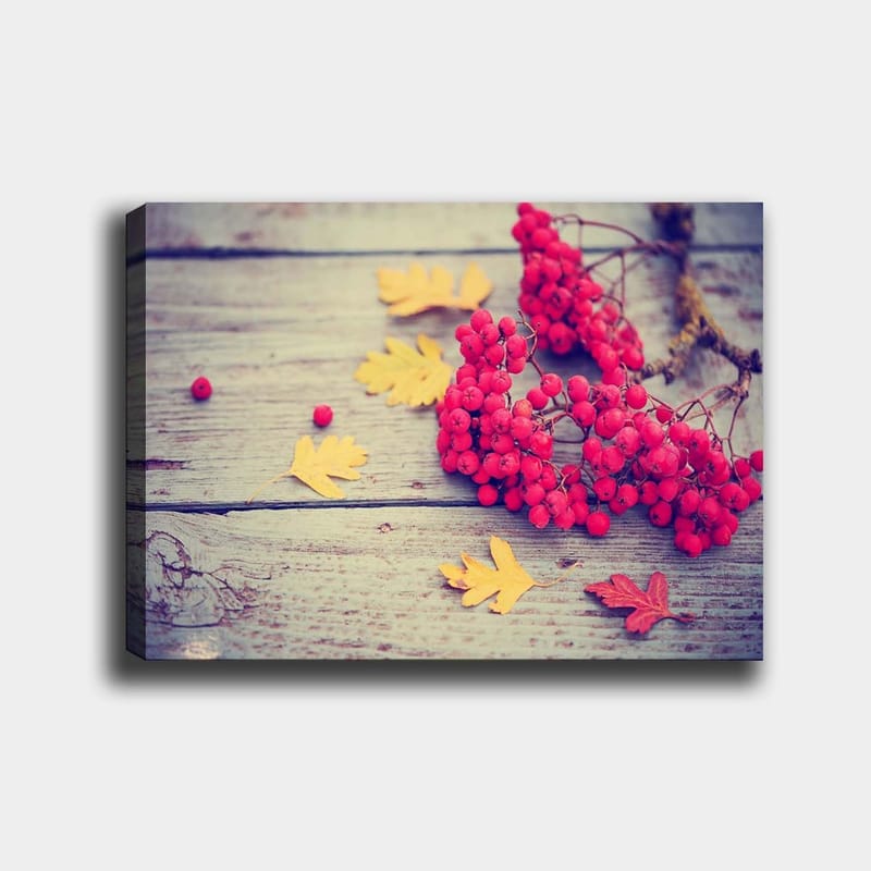 Lerretsbilde 70x100 cm - Vakker komposisjon av røde rognebær og gule høstblader på en treflate, Rød / Gul