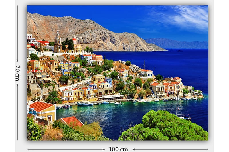 Lerretsbilde 70x100 cm - Vakker kystby med fargerike hus ved sjøen og omkringliggende fjell - Blå / Grønn / Oransje - Innredning - Bilder & kunst - Lerretsbilder