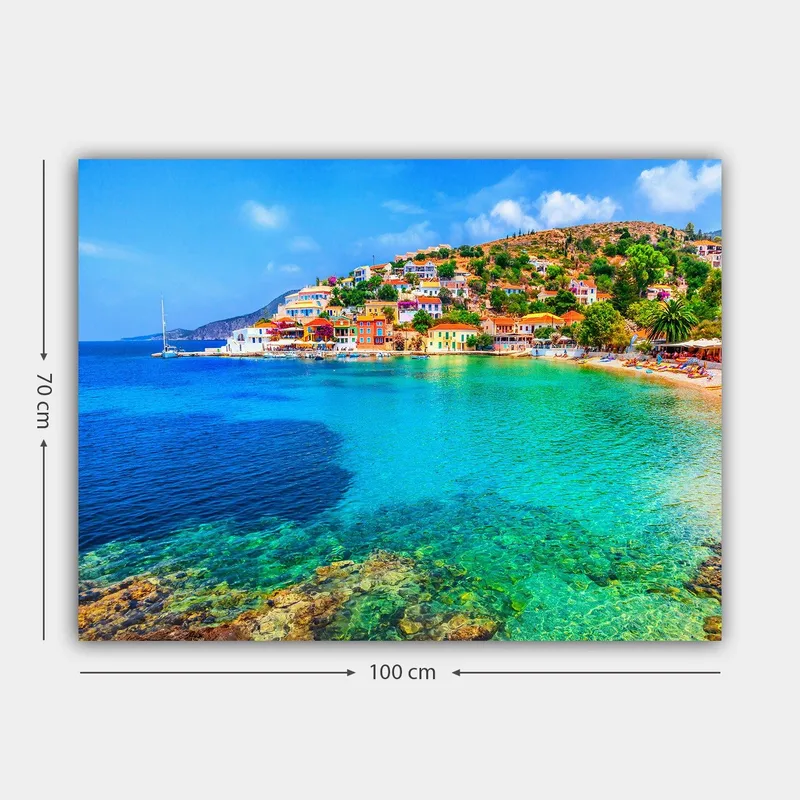 Lerretsbilde 70x100 cm - Vakker kystlinje med fargerike hus ved havet og en klar blå himmel - Turkis / Blå / Grønn - Innredning - Bilder & kunst - Lerretsbilder