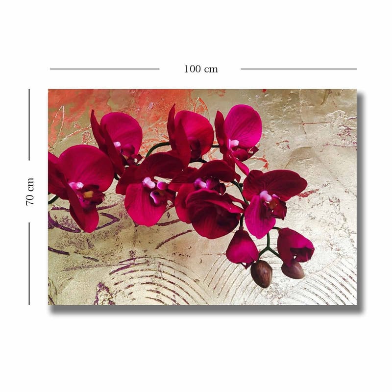 Lerretsbilde 70x100 cm - Vakker orkidé med dyprosa blomster mot en gyllen bakgrunn - Dyp rosa / Gull - Innredning - Bilder & kunst - Lerretsbilder