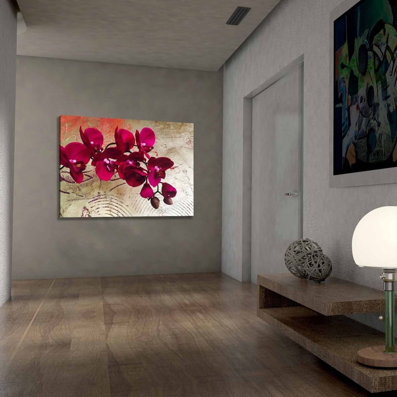 Lerretsbilde 70x100 cm - Vakker orkidé med dyprosa blomster mot en gyllen bakgrunn - Dyp rosa / Gull - Innredning - Bilder & kunst - Lerretsbilder