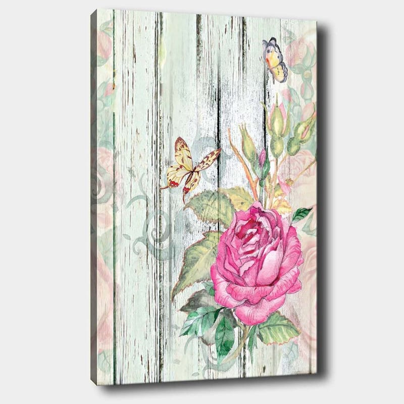 Lerretsbilde 70x100 cm - Vakker rose omgitt av sommerfugler og grønne blader, Rosa / Grønn / Gul