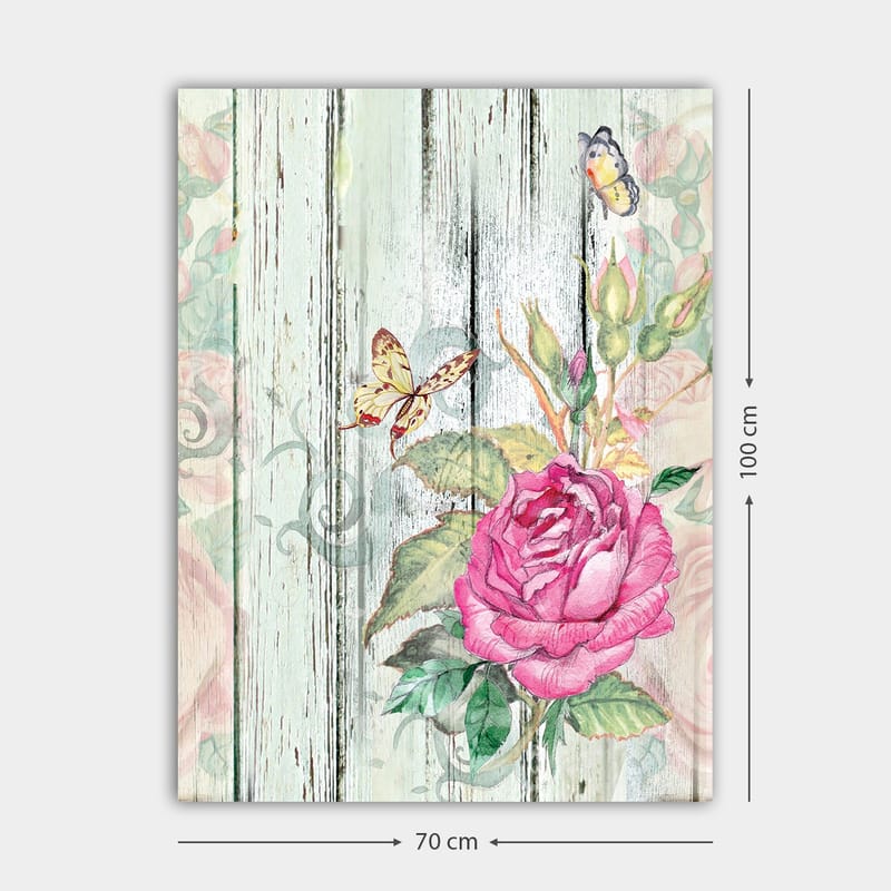 Lerretsbilde 70x100 cm - Vakker rose omgitt av sommerfugler og grønne blader - Rosa / Grønn / Gul - Innredning - Bilder & kunst - Lerretsbilder