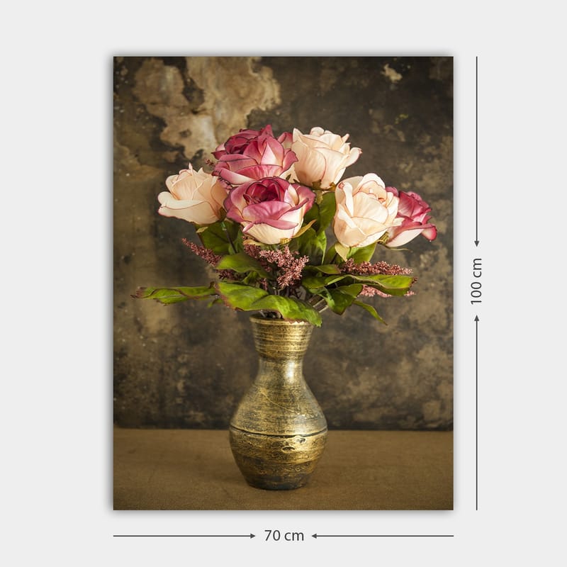 Lerretsbilde 70x100 cm - Vakker rosebukett i en dekorativ vase - Rosa / Grønn / Gull - Innredning - Bilder & kunst - Lerretsbilder