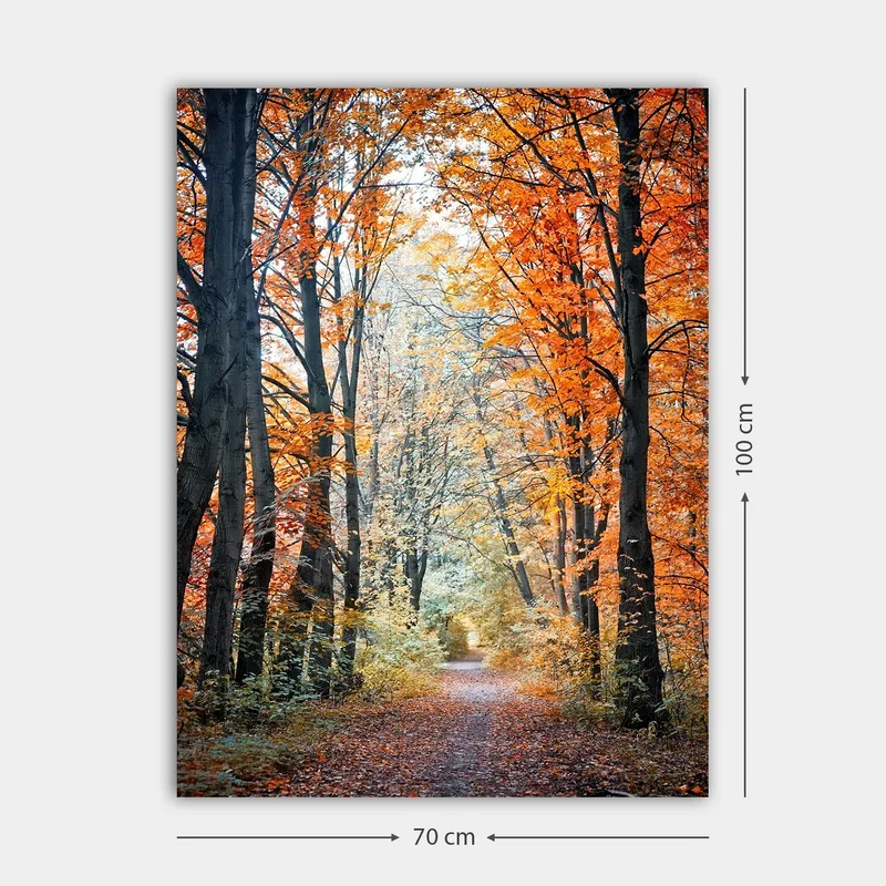 Lerretsbilde 70x100 cm - Vakker skogsti omgitt av høstfarger og trær med gylne og oransje blader - Oransje / Gull / Grønn - Innredning - Bilder & kunst - Lerretsbilder