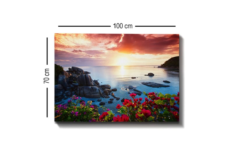 Lerretsbilde 70x100 cm - Vakker solnedgang over havet med steiner og fargerike blomster i forgrunnen - Rosa / Blå / Oransje - Innredning - Bilder & kunst - Lerretsbilder