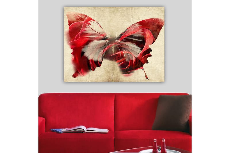 Lerretsbilde 70x100 cm - Vakker sommerfugl bestående av roser, som skaper en harmonisk og drømmeaktig følelse - Rød / Grå - Innredning - Bilder & kunst - Lerretsbilder