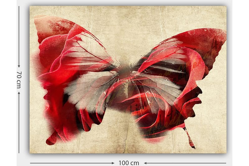 Lerretsbilde 70x100 cm - Vakker sommerfugl bestående av roser, som skaper en harmonisk og drømmeaktig følelse - Rød / Grå - Innredning - Bilder & kunst - Lerretsbilder