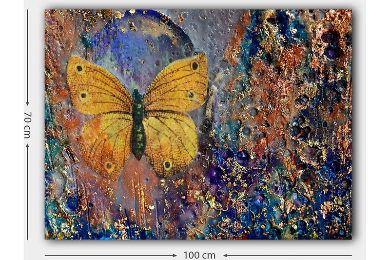 Lerretsbilde 70x100 cm - Vakker sommerfugl i gult som svever over en abstrakt bakgrunn med fargerike detaljer - Gul / Blå / Brun - Innredning - Bilder & kunst - Lerretsbilder