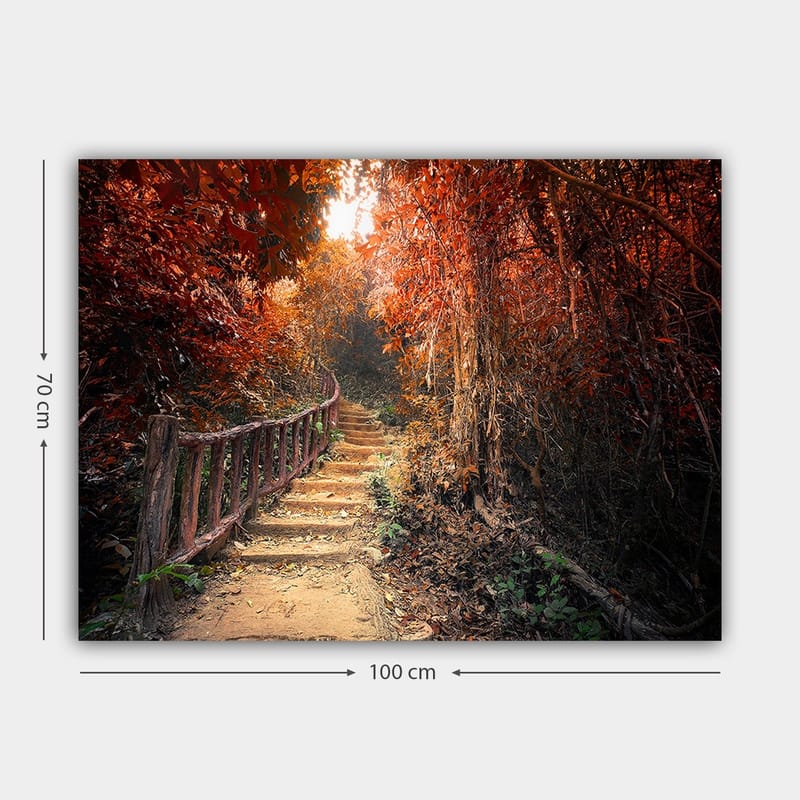 Lerretsbilde 70x100 cm - Vakker sti omgitt av høstfarger i et skogsmiljø - Rød / Oransje / Brun - Innredning - Bilder & kunst - Lerretsbilder