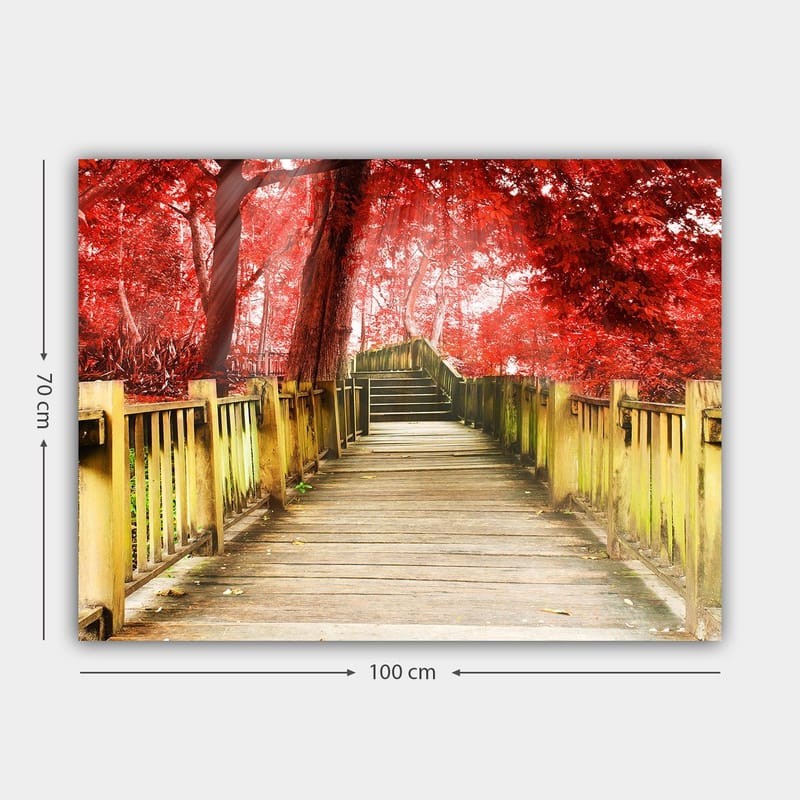 Lerretsbilde 70x100 cm - Vakker trebro omgitt av knallrøde trær i høstlige omgivelser - Rød / Gulgrønn - Innredning - Bilder & kunst - Lerretsbilder