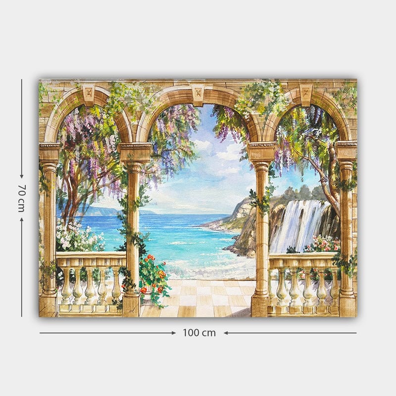 Lerretsbilde 70x100 cm - Vakker utsikt gjennom en arkade med hav, foss og frodig vegetasjon - Blå / Grønn / Beige - Innredning - Bilder & kunst - Lerretsbilder