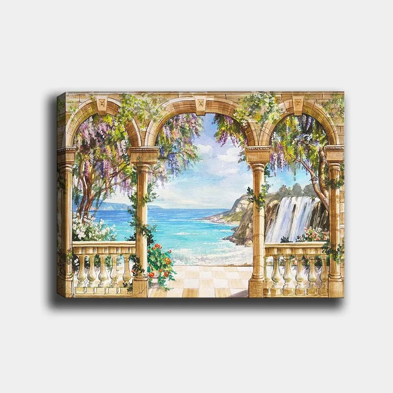 Lerretsbilde 70x100 cm - Vakker utsikt gjennom en arkade med hav, foss og frodig vegetasjon, Blå / Grønn / Beige