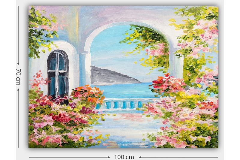 Lerretsbilde 70x100 cm - Vakker utsikt gjennom en bue med blomster i forgrunnen og havet i bakgrunnen - Rosa / Blå / Grønn - Innredning - Bilder & kunst - Lerretsbilder