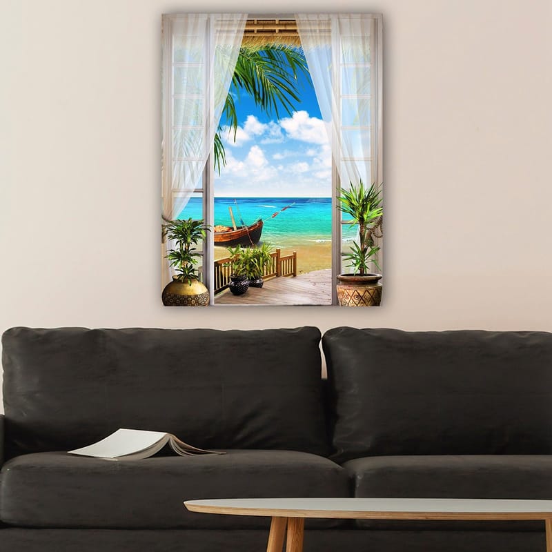 Lerretsbilde 70x100 cm - Vakker utsikt gjennom et vindu med strand, sjø og båt - Turkis / Blå / Grønn - Innredning - Bilder & kunst - Lerretsbilder