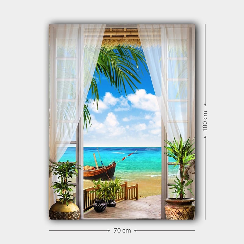 Lerretsbilde 70x100 cm - Vakker utsikt gjennom et vindu med strand, sjø og båt - Turkis / Blå / Grønn - Innredning - Bilder & kunst - Lerretsbilder