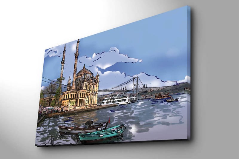 Lerretsbilde 70x100 cm - Vakker utsikt over en historisk bygning ved vannet med båter i forgrunnen og en bro i bakgrunnen - Blå / Beige / Grønn - Innredning - Bilder & kunst - Lerretsbilder