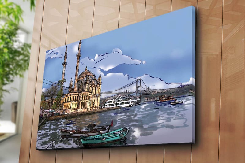 Lerretsbilde 70x100 cm - Vakker utsikt over en historisk bygning ved vannet med båter i forgrunnen og en bro i bakgrunnen - Blå / Beige / Grønn - Innredning - Bilder & kunst - Lerretsbilder