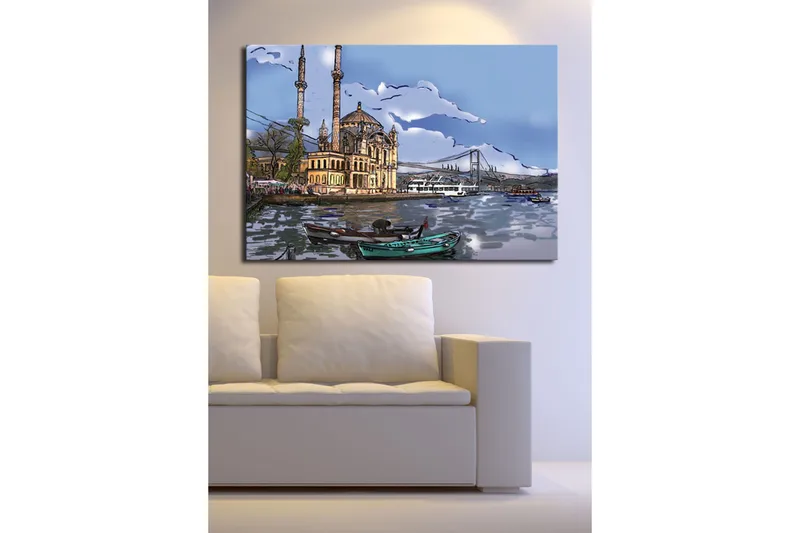 Lerretsbilde 70x100 cm - Vakker utsikt over en historisk bygning ved vannet med båter i forgrunnen og en bro i bakgrunnen - Blå / Beige / Grønn - Innredning - Bilder & kunst - Lerretsbilder