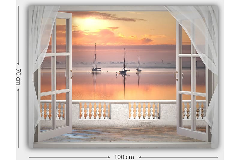 Lerretsbilde 70x100 cm - Vakker utsikt over en rolig innsjø med seilbåter ved solnedgang - Lys oransje / Rosa / Lys blå - Innredning - Bilder & kunst - Lerretsbilder