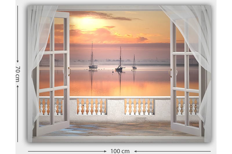Lerretsbilde 70x100 cm - Vakker utsikt over en rolig innsjø med seilbåter ved solnedgang - Lys oransje / Rosa / Lys blå - Innredning - Bilder & kunst - Lerretsbilder