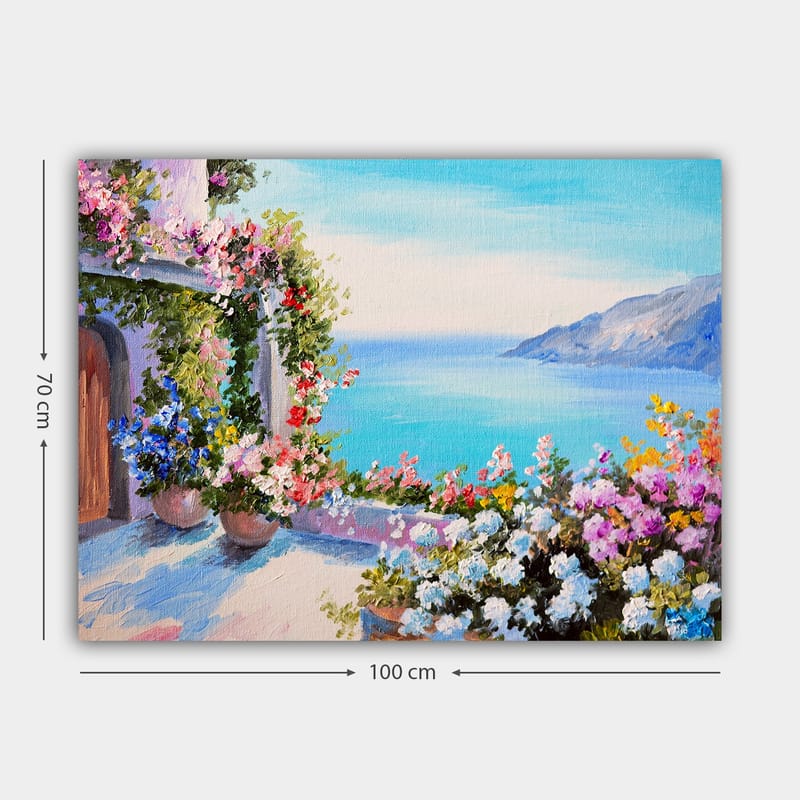 Lerretsbilde 70x100 cm - Vakker utsikt over havet med blomsteroppsatser i potter som pryder en terrasse - Blå / Grønn / Rosa - Innredning - Bilder & kunst - Lerretsbilder