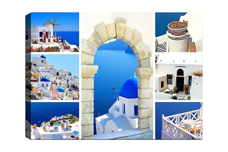 Lerretsbilde 70x100 cm - Vakker utsikt over Santorini med hvite hus og blå kupler mot havet, Blå / Hvit / Beige
