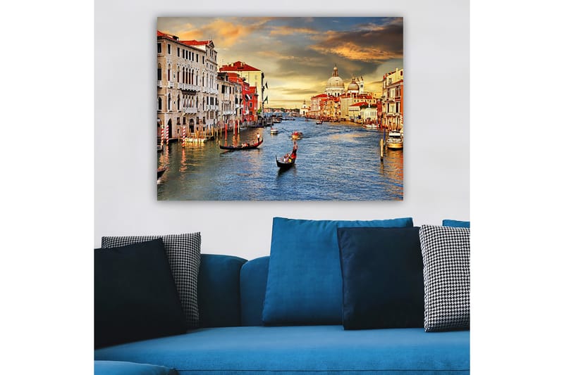 Lerretsbilde 70x100 cm - Vakker utsikt over Venezia med gondoler som glir langs kanalen og historiske bygninger langs vannet - Blå / Terrakotta / Beige - Innredning - Bilder & kunst - Lerretsbilder