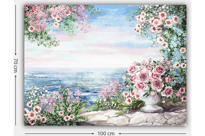 Lerretsbilde 70x100 cm - Vakkert blomsterbed med en stor vase fylt med roser, stående ved havutsikt under en klar himmel - Rosa / Grønn / Blå - Innredning - Bilder & kunst - Lerretsbilder