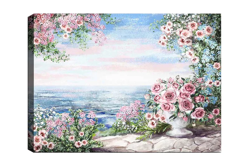 Lerretsbilde 70x100 cm - Vakkert blomsterbed med en stor vase fylt med roser, stående ved havutsikt under en klar himmel, Rosa / Grønn / Blå