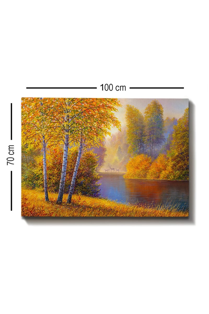 Lerretsbilde 70x100 cm - Vakkert høstlandskap med bjørker ved en stille innsjø - Gyllenoransje / Grønn / Blå - Innredning - Bilder & kunst - Lerretsbilder