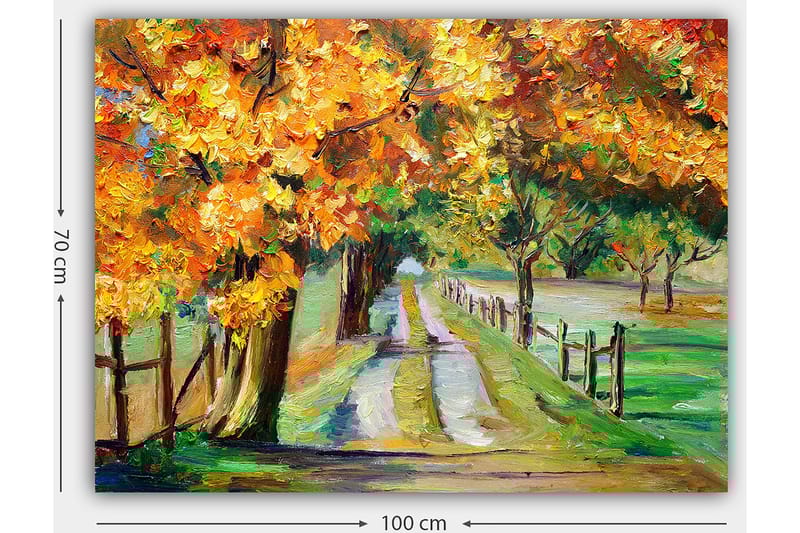 Lerretsbilde 70x100 cm - Vakkert høstlandskap med fargerike trær langs en grusvei - Oransje / Grønn / Brun - Innredning - Bilder & kunst - Lerretsbilder