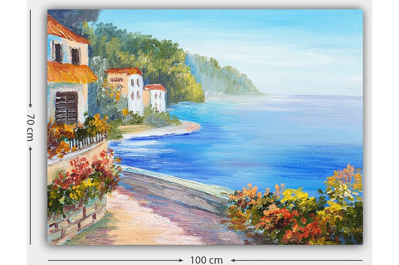 Lerretsbilde 70x100 cm - Vakkert kystlandskap med hvite hus og blomstrende planter ved sjøen - Blå / Grønn / Oransje - Innredning - Bilder & kunst - Lerretsbilder
