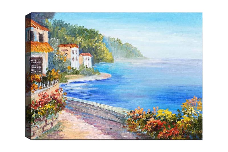Lerretsbilde 70x100 cm - Vakkert kystlandskap med hvite hus og blomstrende planter ved sjøen, Blå / Grønn / Oransje
