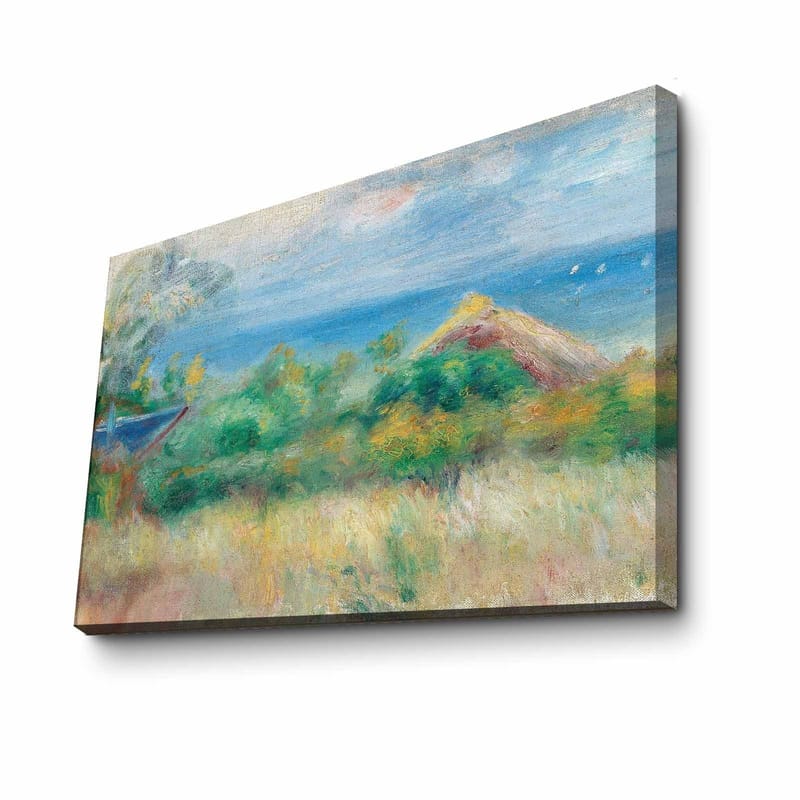 Lerretsbilde 70x100 cm - Vakkert landskapsmaleri med blå himmel, hav og grønne marker - Blå / Grønn / Beige - Innredning - Bilder & kunst - Lerretsbilder