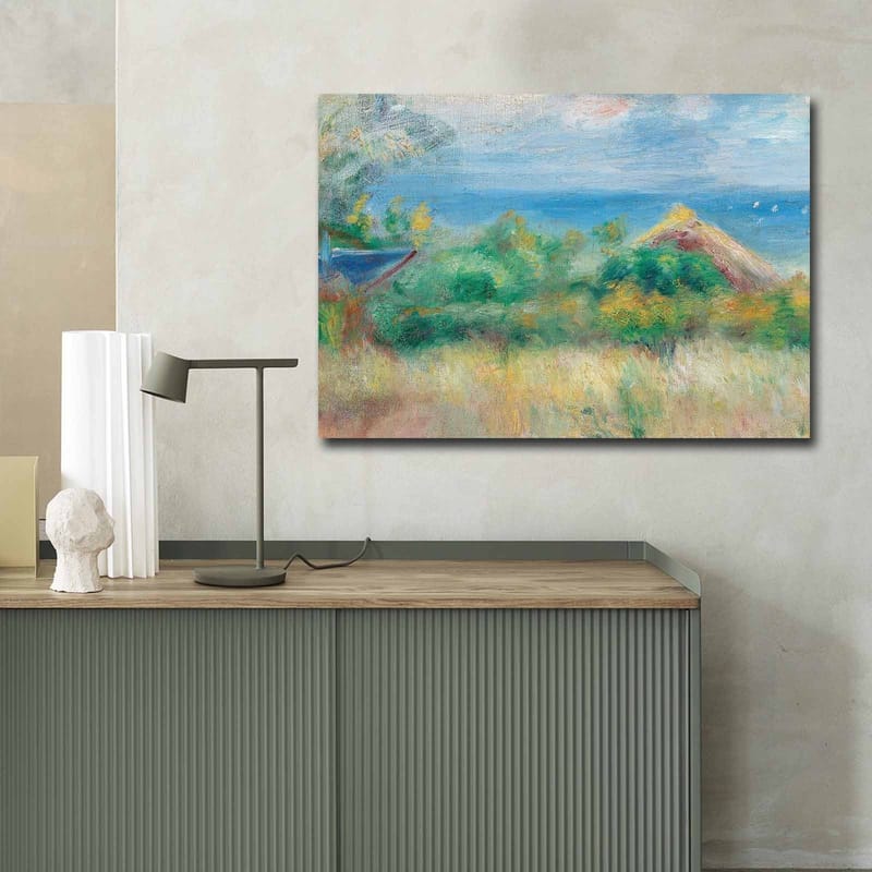 Lerretsbilde 70x100 cm - Vakkert landskapsmaleri med blå himmel, hav og grønne marker - Blå / Grønn / Beige - Innredning - Bilder & kunst - Lerretsbilder