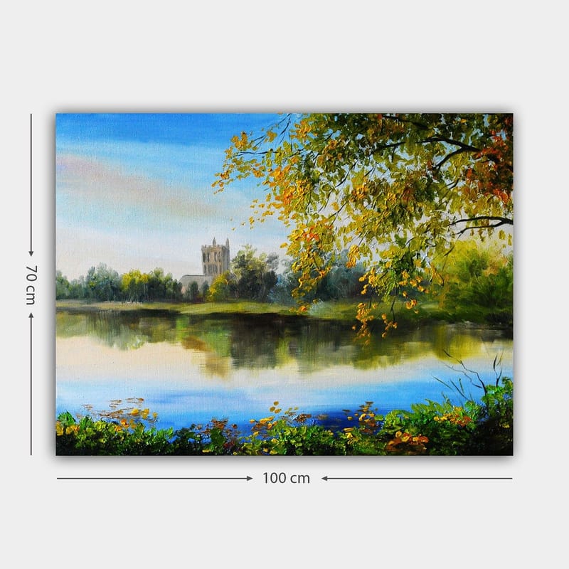 Lerretsbilde 70x100 cm - Vakkert landskapsmaleri med en speilblank innsjø og et gammelt tårn i bakgrunnen, omgitt av trær og høstfarger - Grønn / Blå / Gul - Innredning - Bilder & kunst - Lerretsbilder