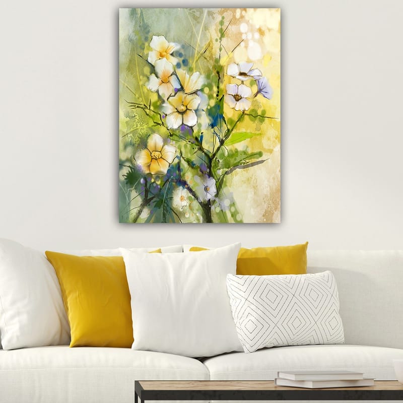 Lerretsbilde 70x100 cm - Vakre blomster i en fargerik og livlig komposisjon - Gul / Hvit / Grønn - Innredning - Bilder & kunst - Lerretsbilder