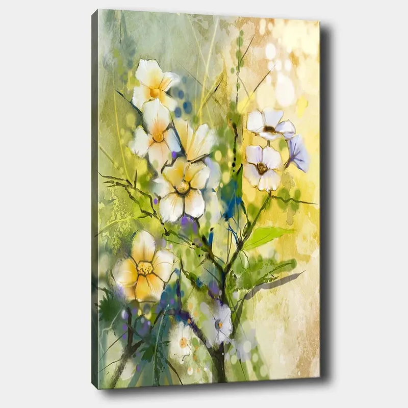 Lerretsbilde 70x100 cm - Vakre blomster i en fargerik og livlig komposisjon, Gul / Hvit / Grønn