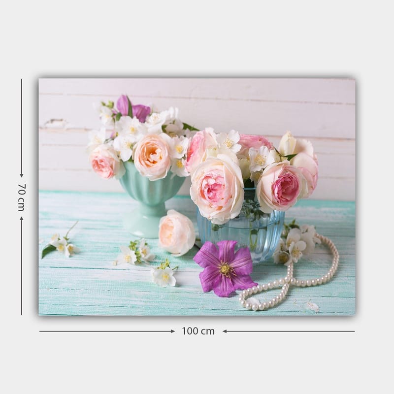 Lerretsbilde 70x100 cm - Vakre blomster i pastellfargede skåler med en romantisk følelse - Lys rosa / Mintgrønn / Lilla - Innredning - Bilder & kunst - Lerretsbilder