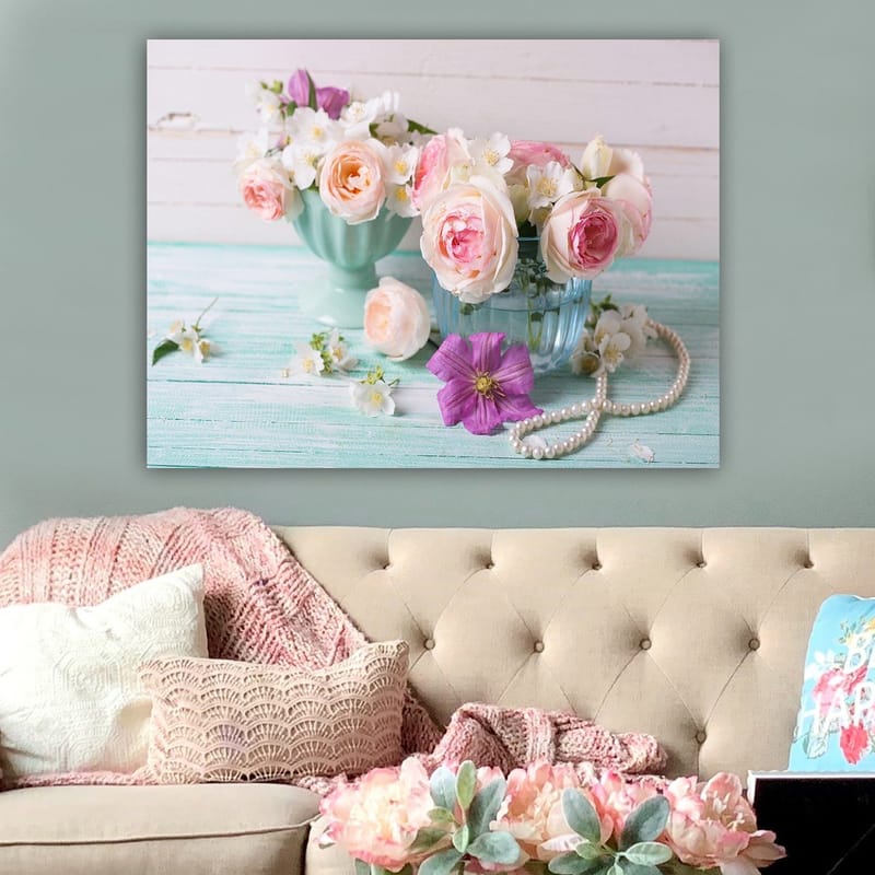 Lerretsbilde 70x100 cm - Vakre blomster i pastellfargede skåler med en romantisk følelse - Lys rosa / Mintgrønn / Lilla - Innredning - Bilder & kunst - Lerretsbilder