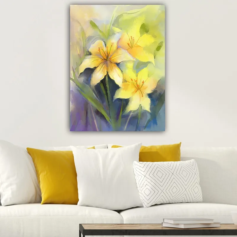 Lerretsbilde 70x100 cm - Vakre gule liljer i en myk og fargerik komposisjon - Gul / Grønn / Lilla - Innredning - Bilder & kunst - Lerretsbilder