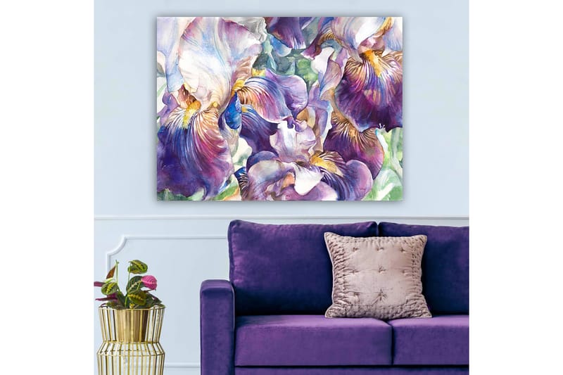 Lerretsbilde 70x100 cm - Vakre irisblomster i en fargerik komposisjon - Lilla / Hvit / Gul - Innredning - Bilder & kunst - Lerretsbilder