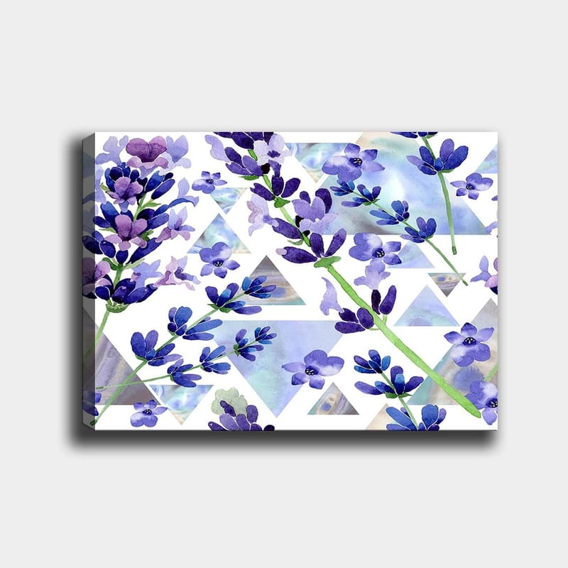 Lerretsbilde 70x100 cm - Vakre lavendelblomster i en moderne geometrisk komposisjon - Lilla / Grønn / Blå - Innredning - Bilder & kunst - Lerretsbilder