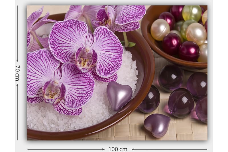 Lerretsbilde 70x100 cm - Vakre orkideer i en bolle med dekorative elementer - Lilla / Hvit / Rosa - Innredning - Bilder & kunst - Lerretsbilder