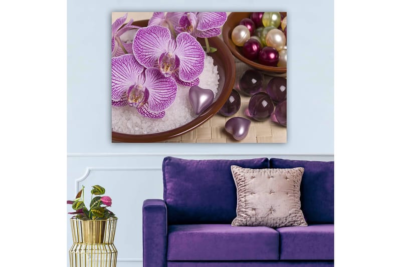 Lerretsbilde 70x100 cm - Vakre orkideer i en bolle med dekorative elementer - Lilla / Hvit / Rosa - Innredning - Bilder & kunst - Lerretsbilder
